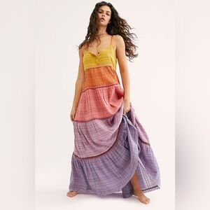 Free People Juliana Multicolor Plaid Print Madras Maxi Dress Boho Sun Sundress